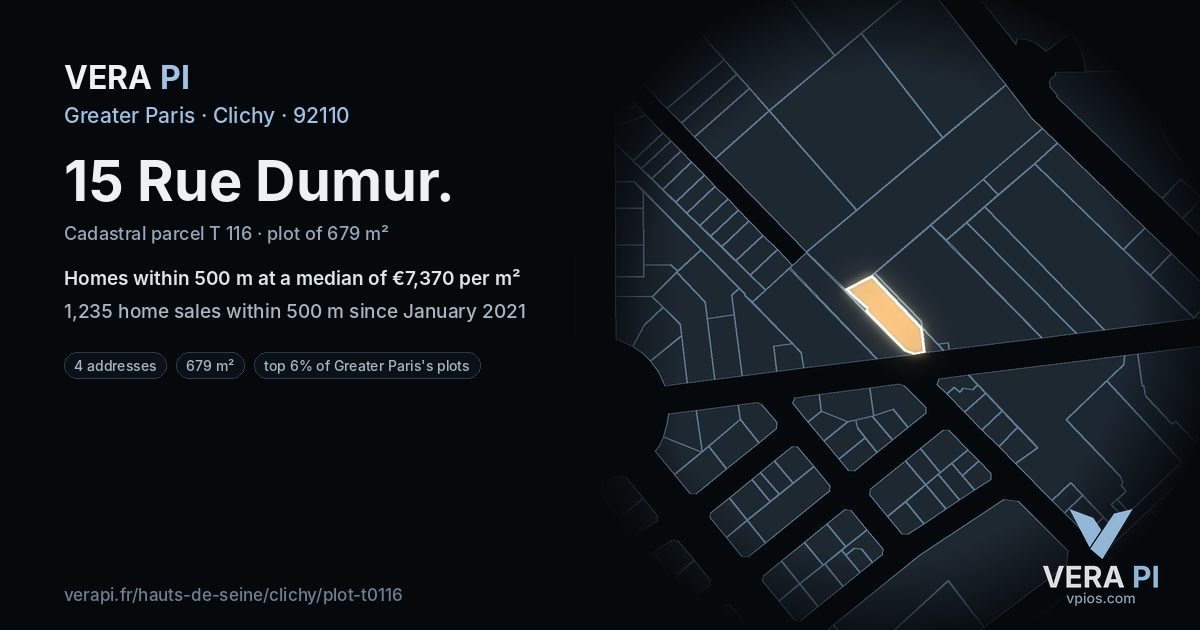 15 Rue Dumur, Clichy at night – the plot lit, the parcels around coloured by the prices near them