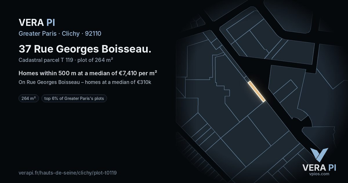 37 Rue Georges Boisseau, Clichy at night – the plot lit, the parcels around coloured by the prices near them