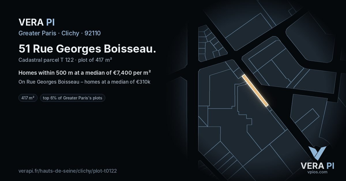 51 Rue Georges Boisseau, Clichy at night – the plot lit, the parcels around coloured by the prices near them