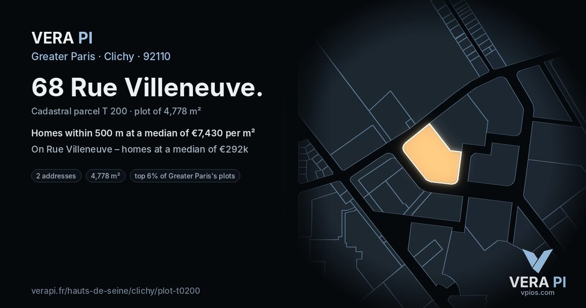 68 Rue Villeneuve, Clichy at night – the plot lit, the parcels around coloured by the prices near them