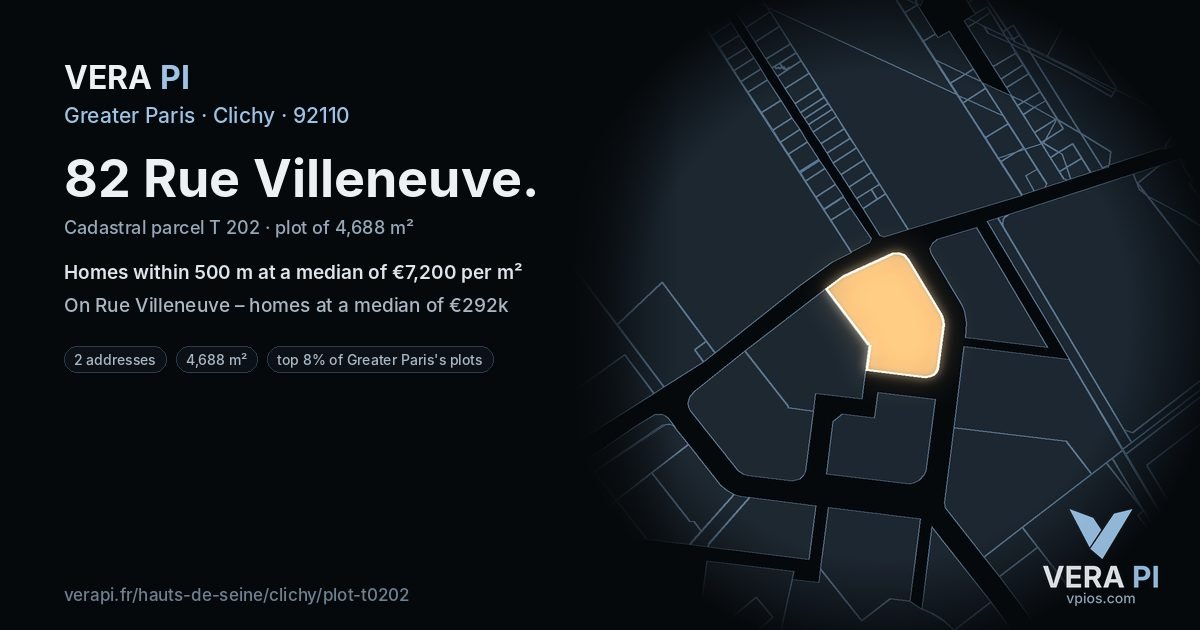 82 Rue Villeneuve, Clichy at night – the plot lit, the parcels around coloured by the prices near them
