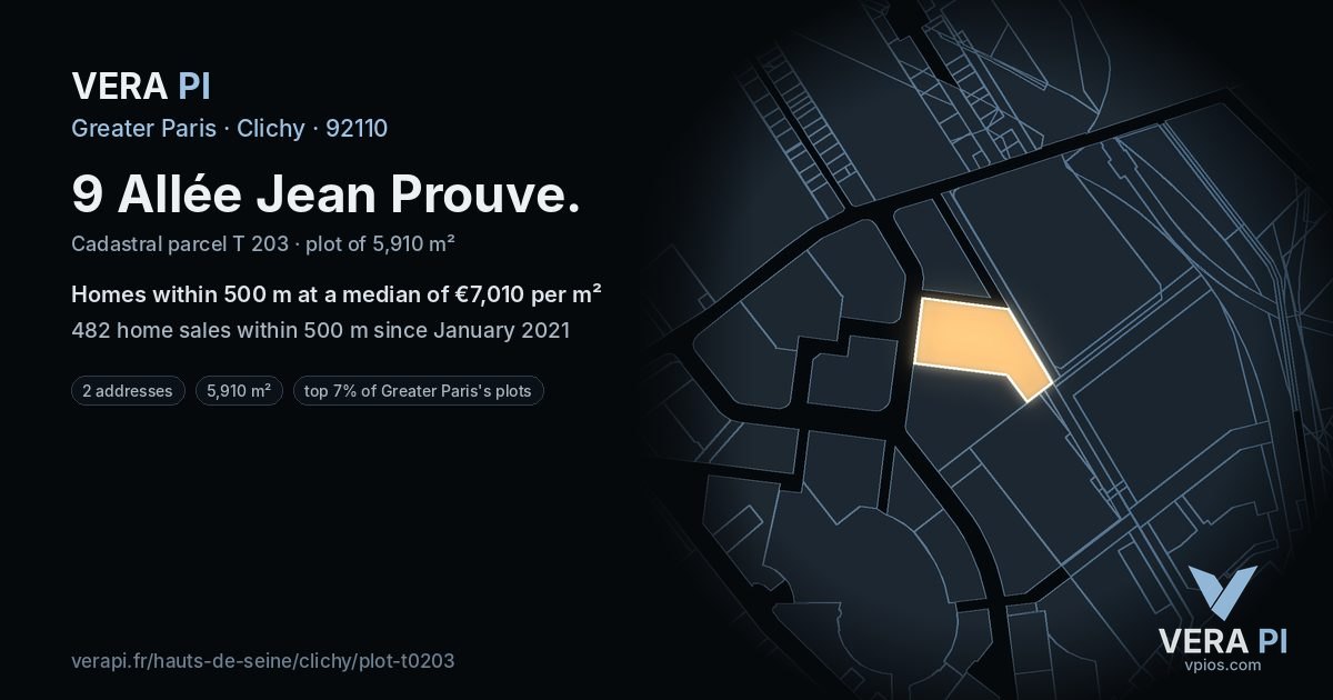 9 Allée Jean Prouve, Clichy at night – the plot lit, the parcels around coloured by the prices near them