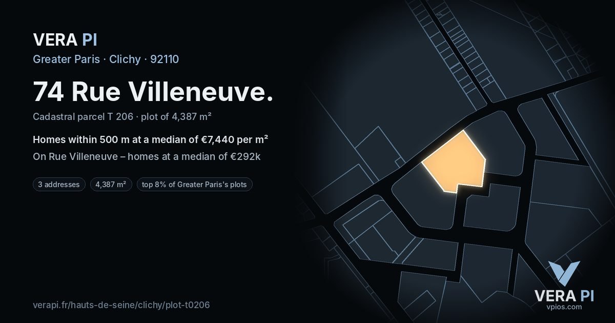 74 Rue Villeneuve, Clichy at night – the plot lit, the parcels around coloured by the prices near them