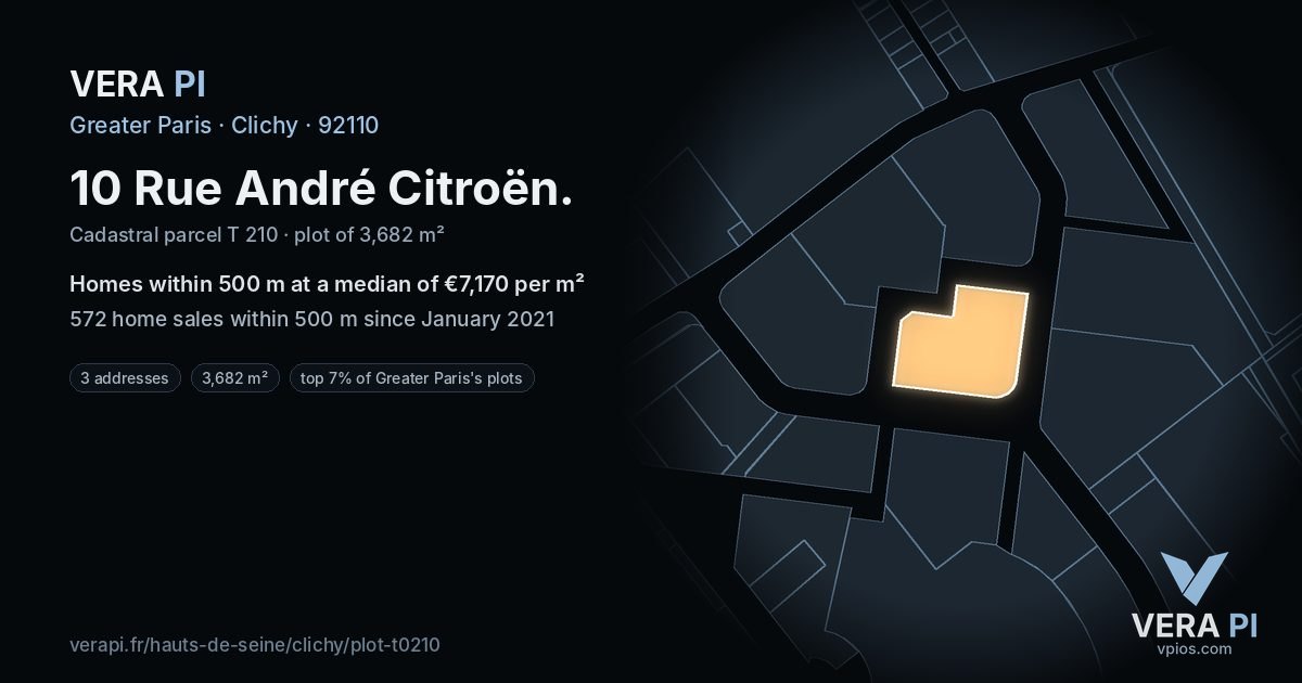 10 Rue André Citroën, Clichy at night – the plot lit, the parcels around coloured by the prices near them