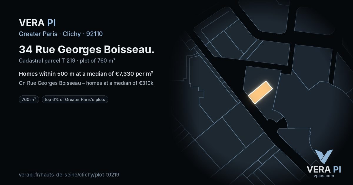 34 Rue Georges Boisseau, Clichy at night – the plot lit, the parcels around coloured by the prices near them
