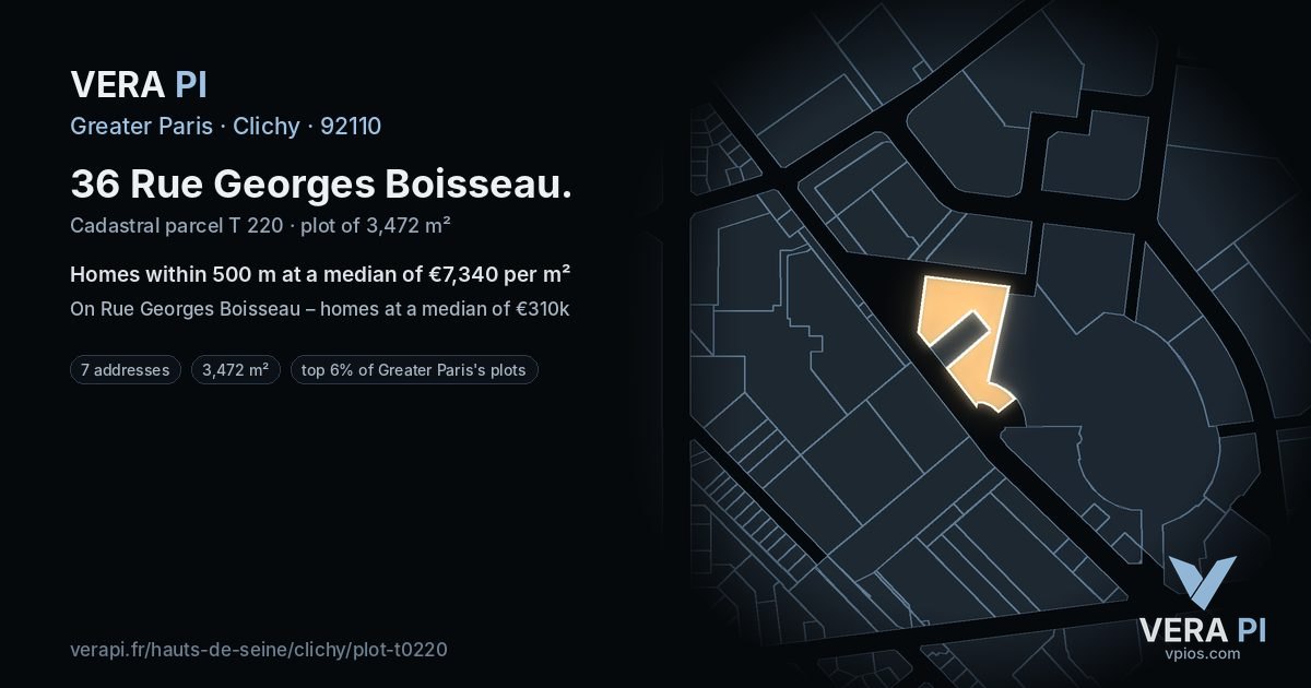 36 Rue Georges Boisseau, Clichy at night – the plot lit, the parcels around coloured by the prices near them