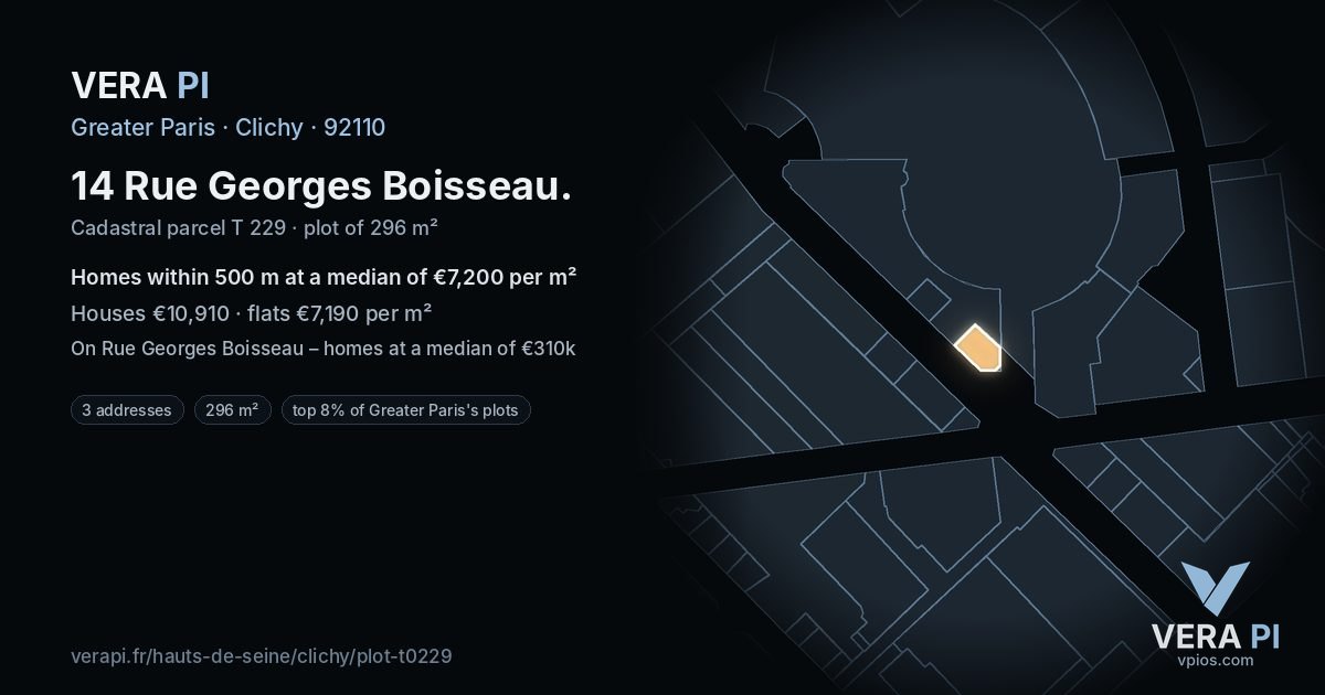 14 Rue Georges Boisseau, Clichy at night – the plot lit, the parcels around coloured by the prices near them