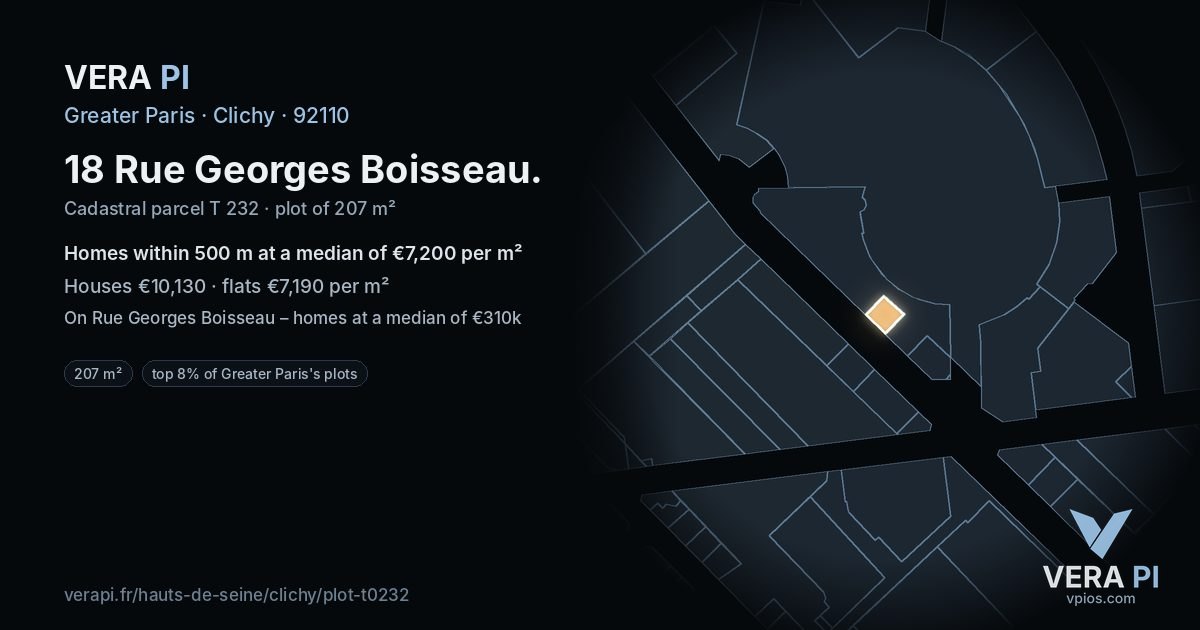 18 Rue Georges Boisseau, Clichy at night – the plot lit, the parcels around coloured by the prices near them