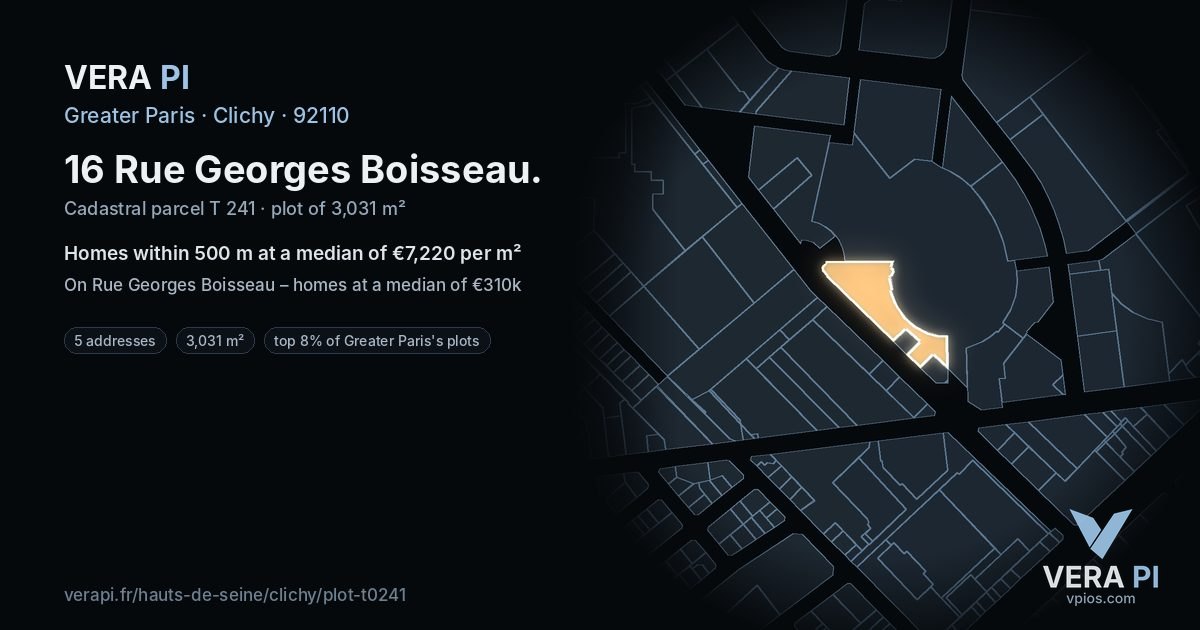 16 Rue Georges Boisseau, Clichy at night – the plot lit, the parcels around coloured by the prices near them