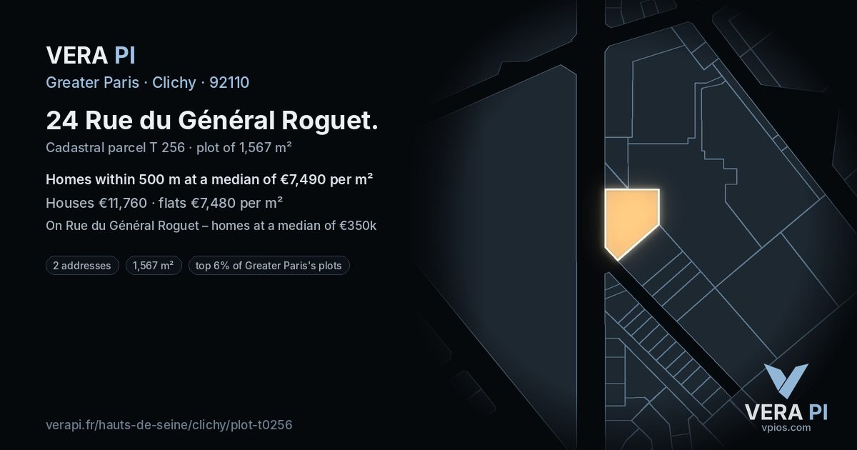 24 Rue du Général Roguet, Clichy at night – the plot lit, the parcels around coloured by the prices near them