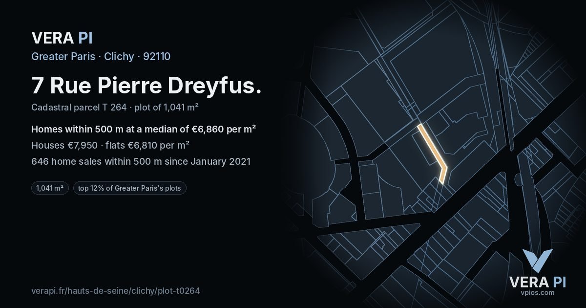 7 Rue Pierre Dreyfus, Clichy at night – the plot lit, the parcels around coloured by the prices near them