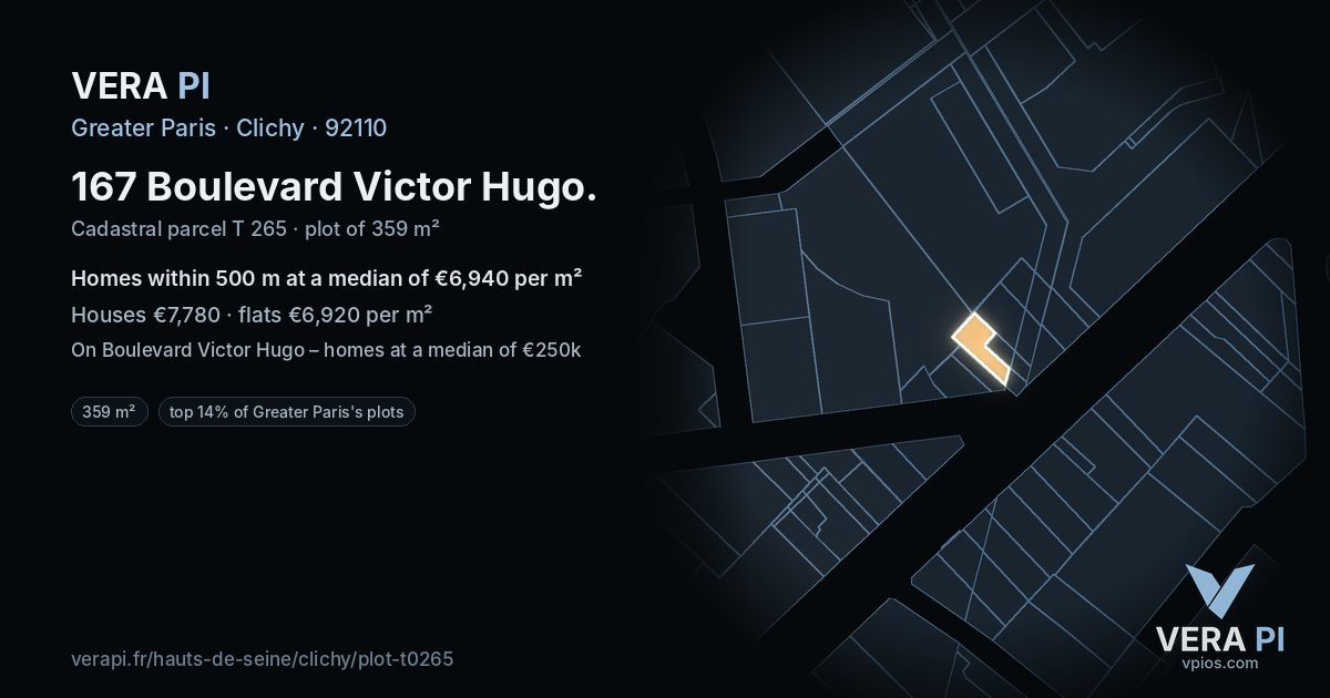 167 Boulevard Victor Hugo, Clichy at night – the plot lit, the parcels around coloured by the prices near them