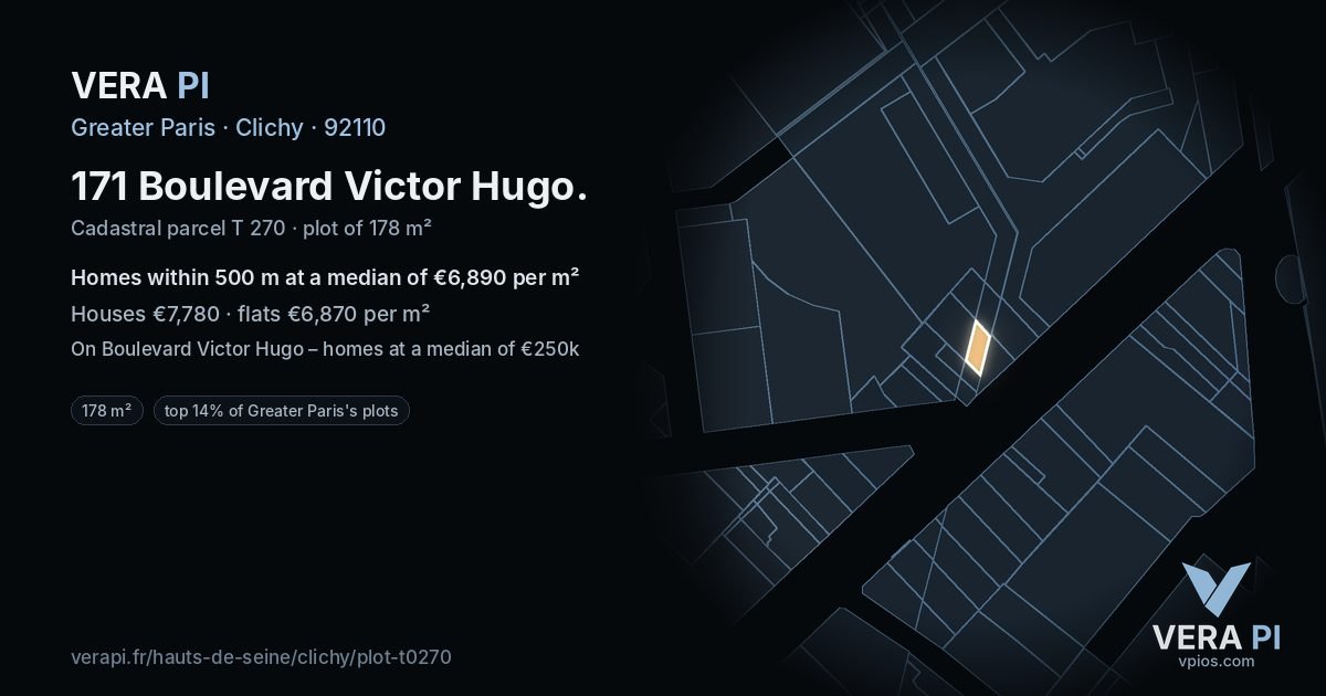 171 Boulevard Victor Hugo, Clichy at night – the plot lit, the parcels around coloured by the prices near them
