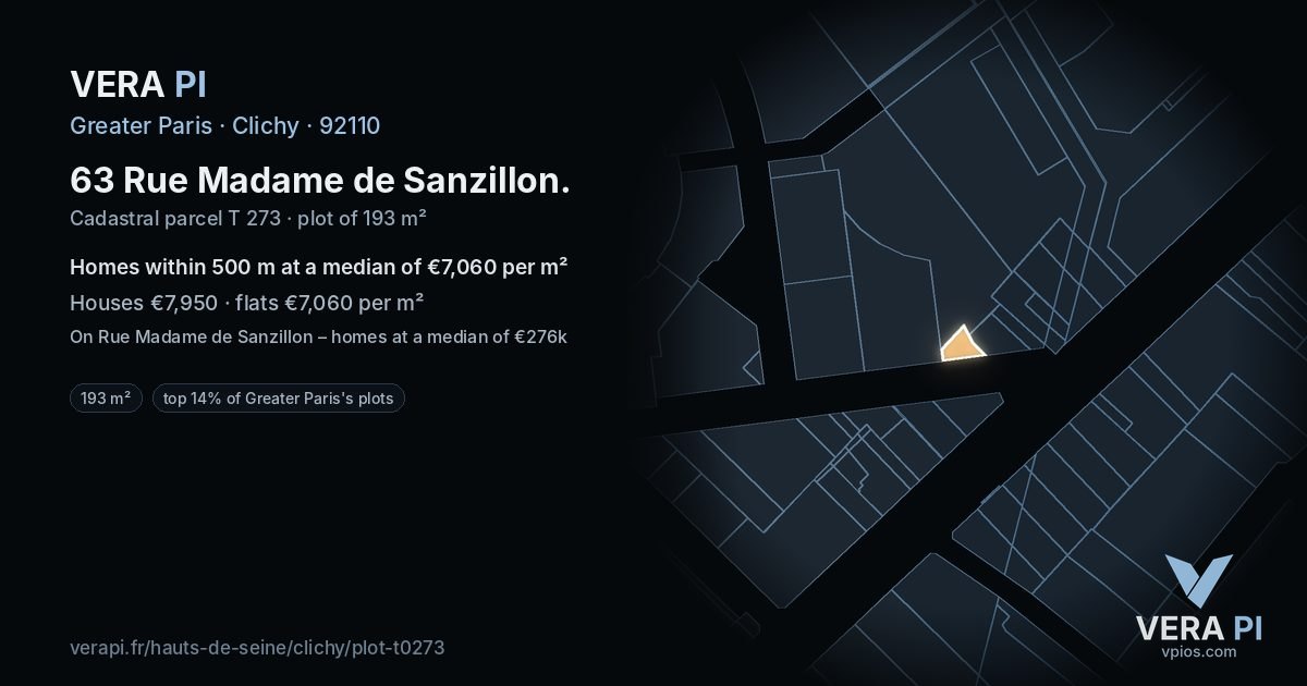 63 Rue Madame de Sanzillon, Clichy at night – the plot lit, the parcels around coloured by the prices near them