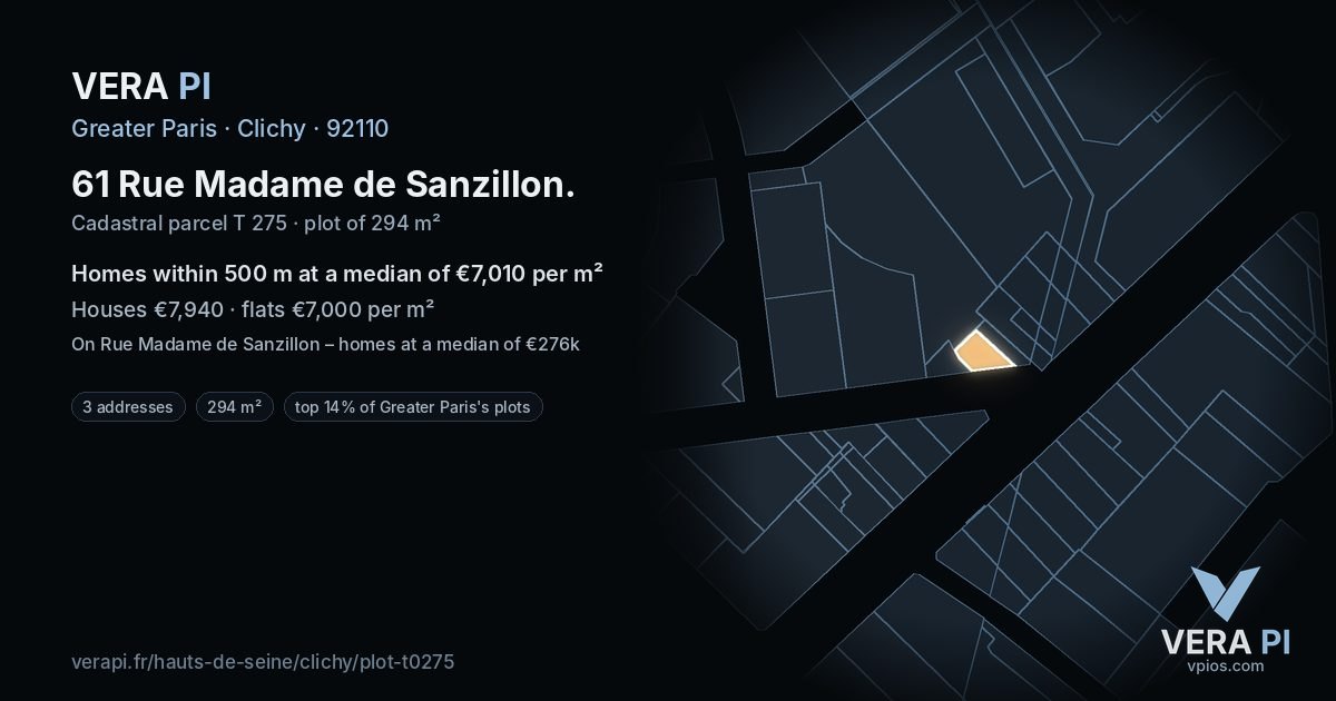 61 Rue Madame de Sanzillon, Clichy at night – the plot lit, the parcels around coloured by the prices near them