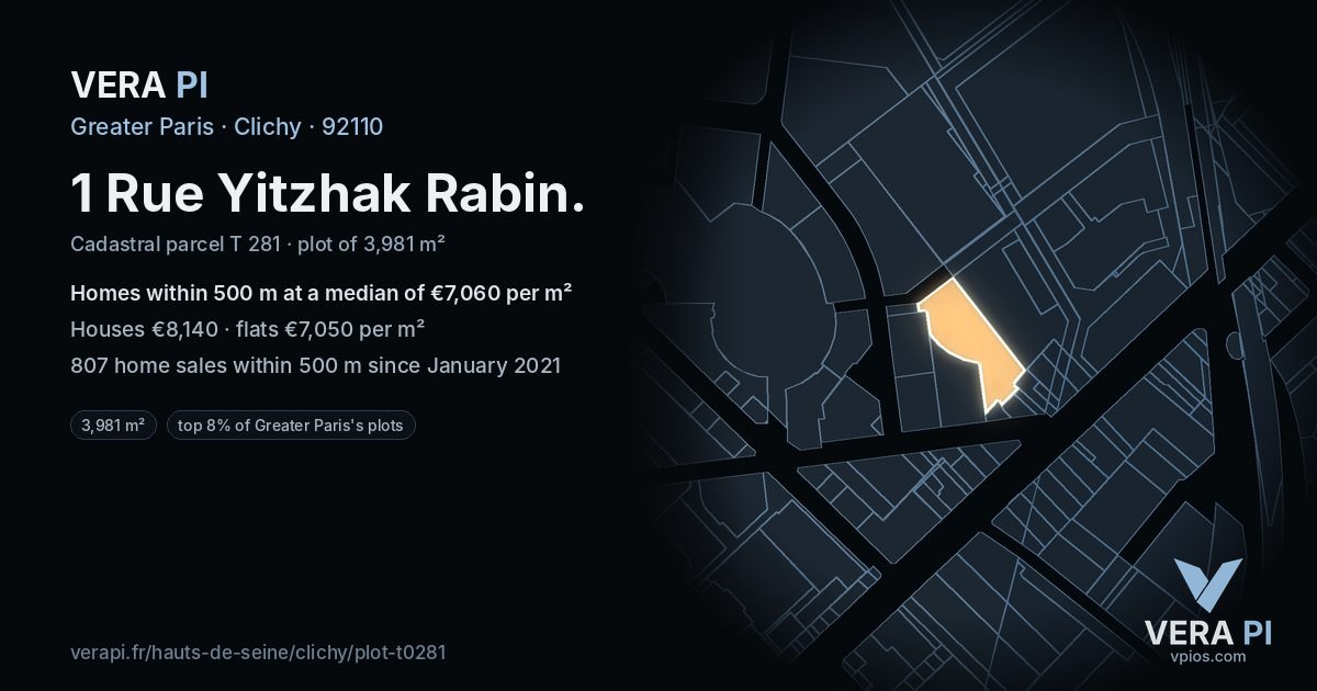 1 Rue Yitzhak Rabin, Clichy at night – the plot lit, the parcels around coloured by the prices near them