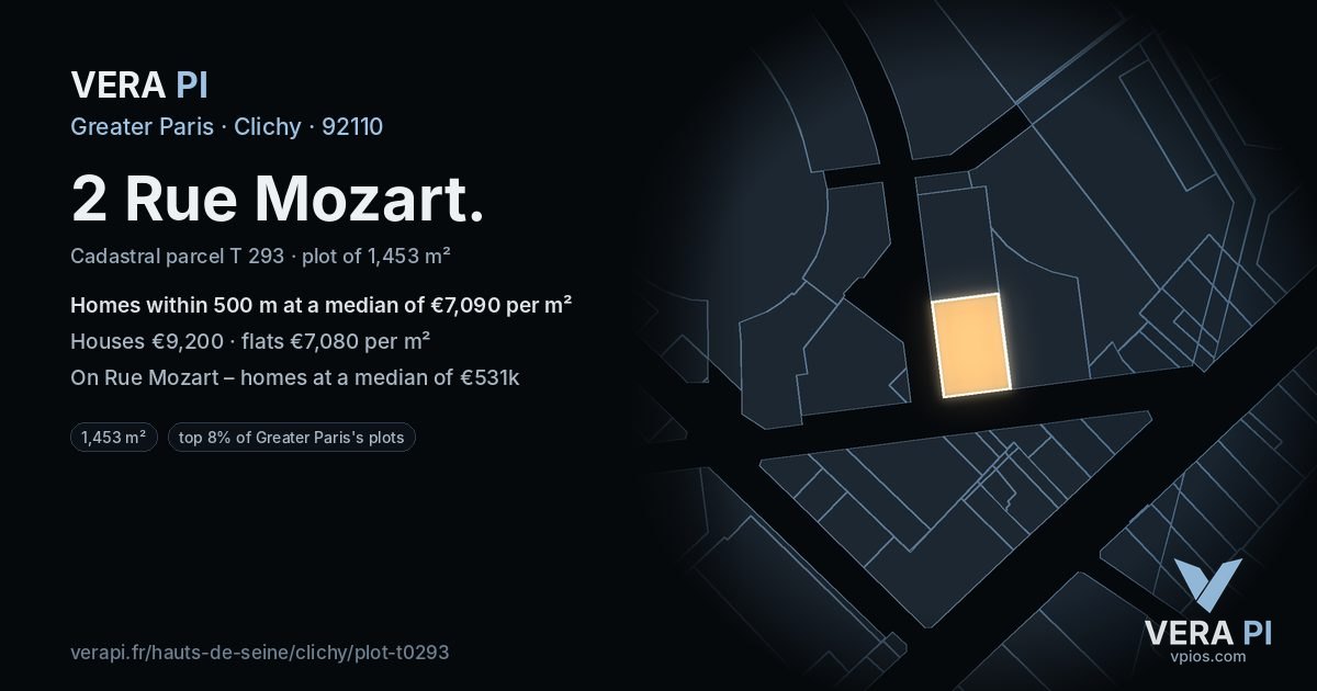 2 Rue Mozart, Clichy at night – the plot lit, the parcels around coloured by the prices near them