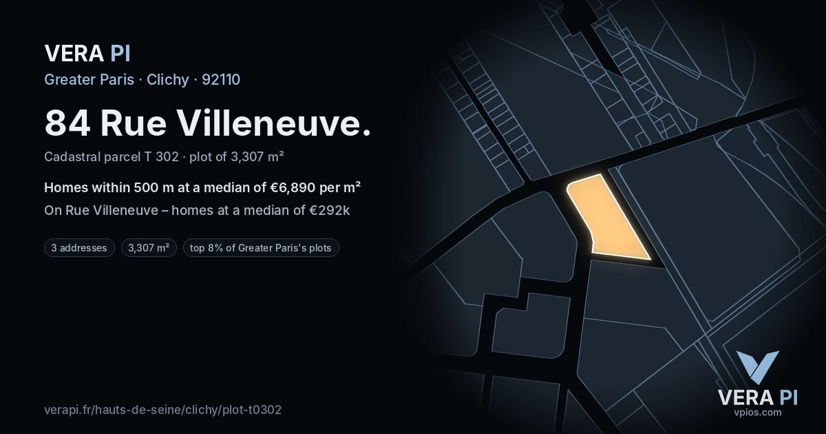 84 Rue Villeneuve, Clichy at night – the plot lit, the parcels around coloured by the prices near them