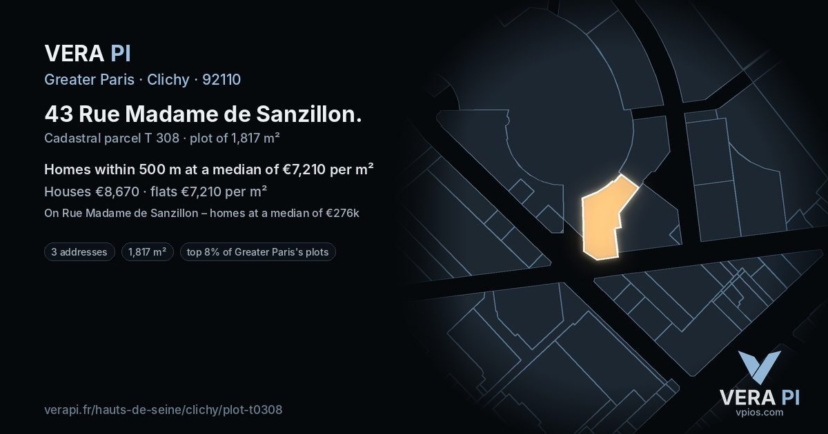 43 Rue Madame de Sanzillon, Clichy at night – the plot lit, the parcels around coloured by the prices near them