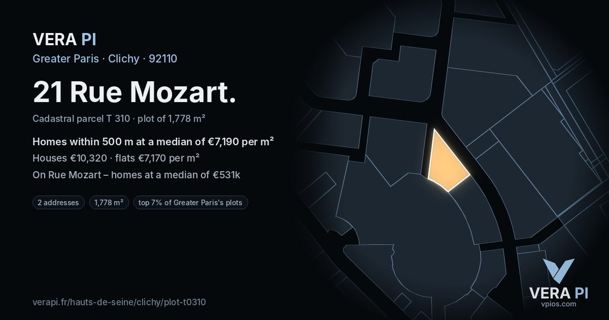 21 Rue Mozart, Clichy at night – the plot lit, the parcels around coloured by the prices near them