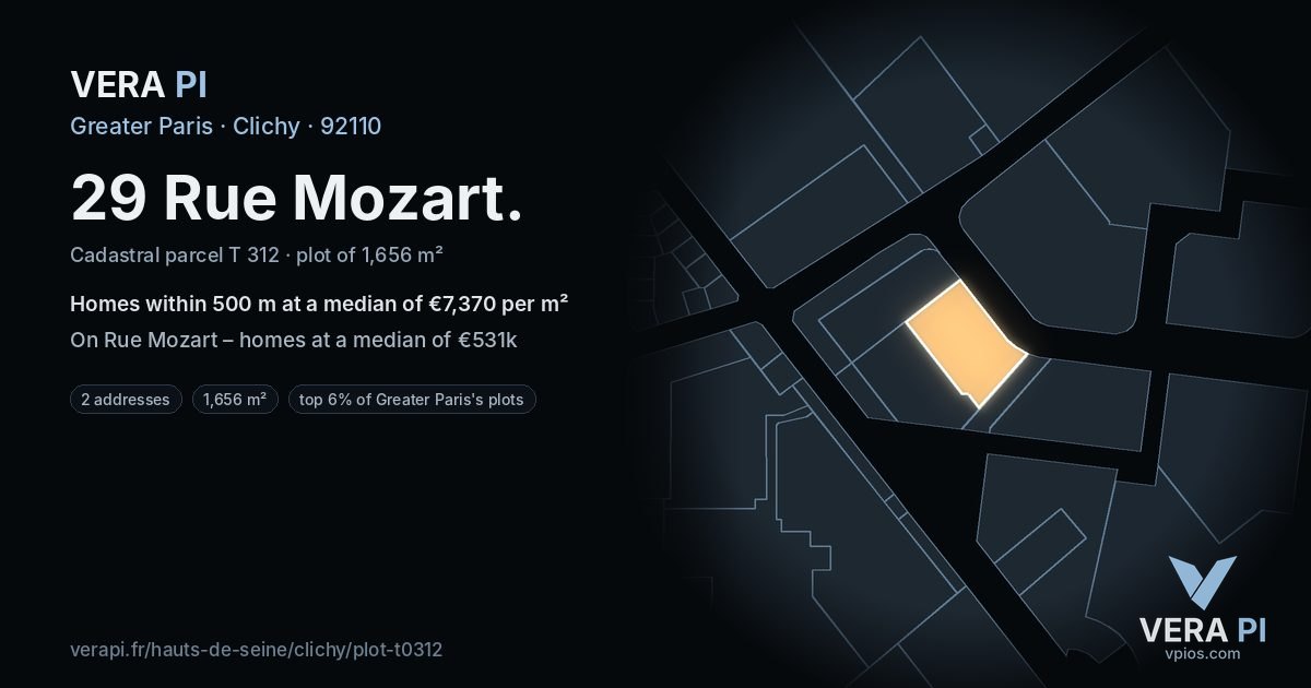 29 Rue Mozart, Clichy at night – the plot lit, the parcels around coloured by the prices near them