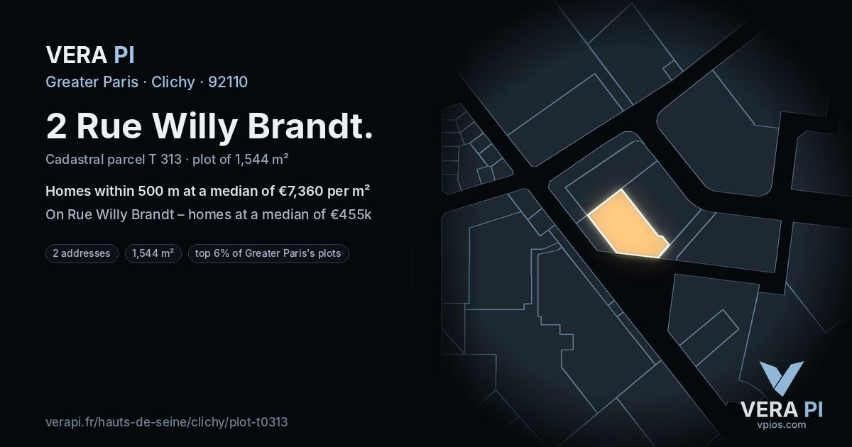 2 Rue Willy Brandt, Clichy at night – the plot lit, the parcels around coloured by the prices near them