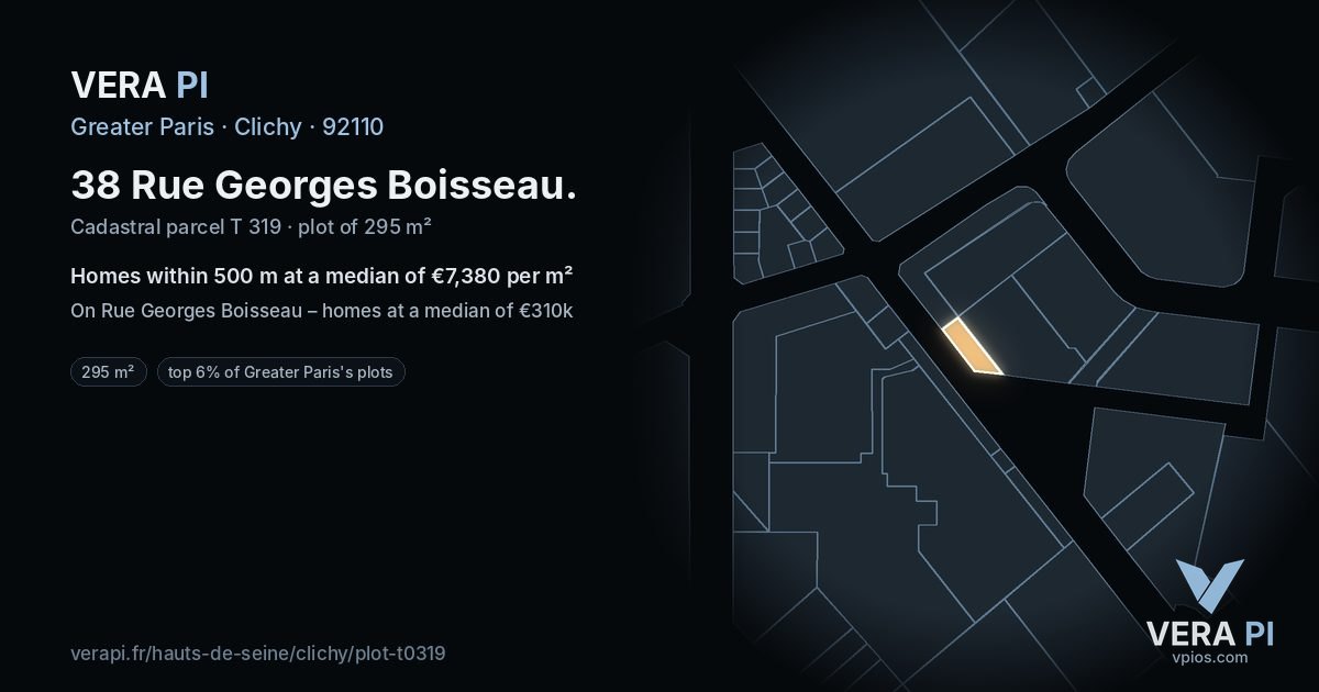 38 Rue Georges Boisseau, Clichy at night – the plot lit, the parcels around coloured by the prices near them