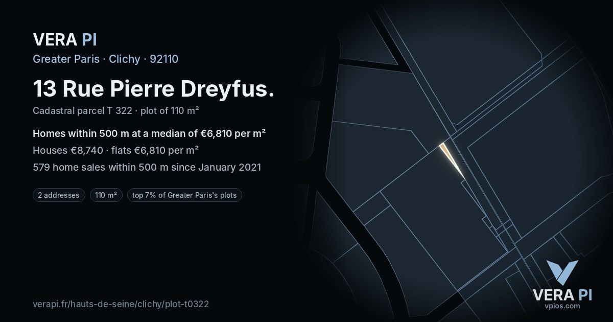13 Rue Pierre Dreyfus, Clichy at night – the plot lit, the parcels around coloured by the prices near them