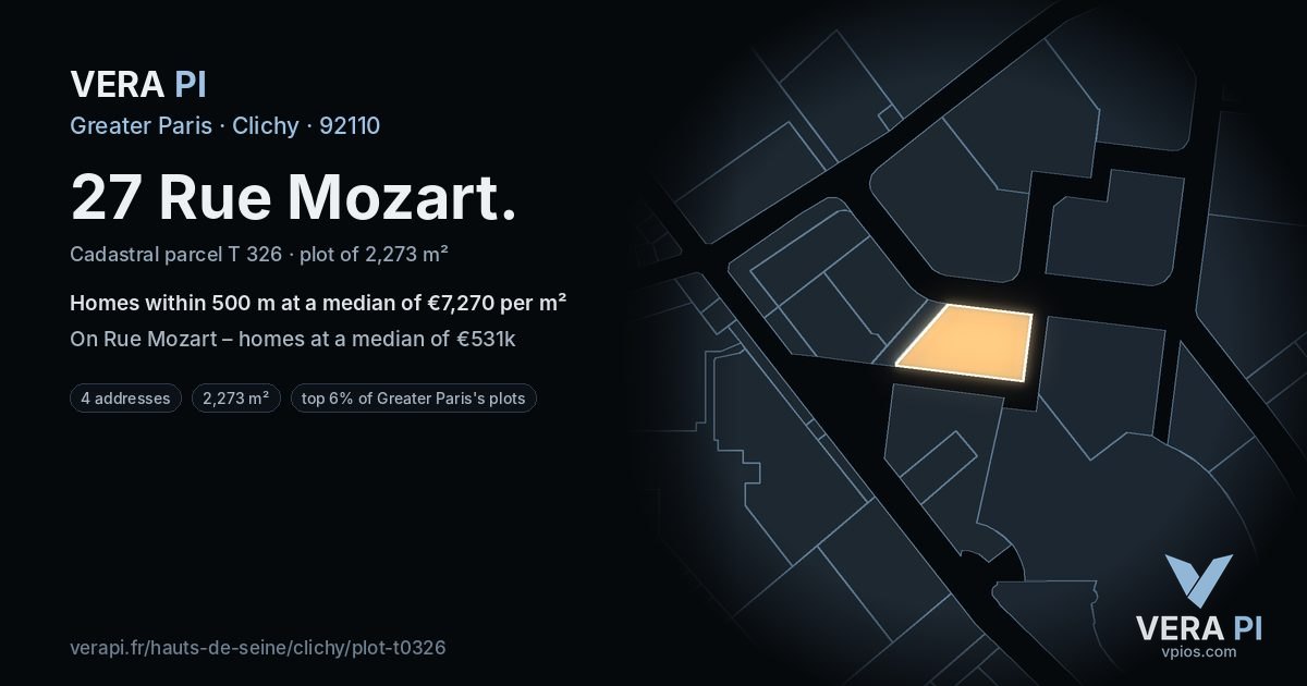 27 Rue Mozart, Clichy at night – the plot lit, the parcels around coloured by the prices near them