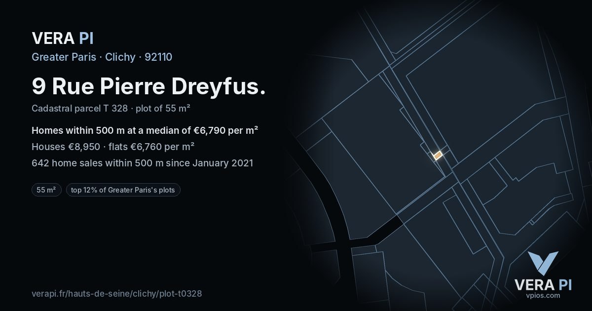 9 Rue Pierre Dreyfus, Clichy at night – the plot lit, the parcels around coloured by the prices near them