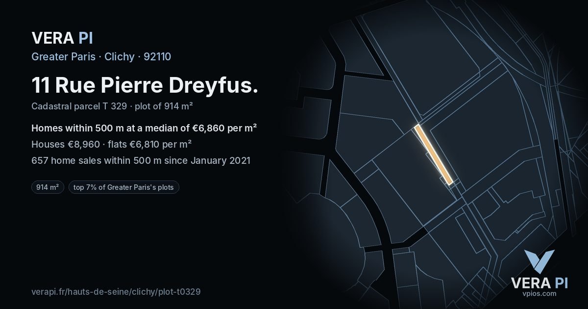 11 Rue Pierre Dreyfus, Clichy at night – the plot lit, the parcels around coloured by the prices near them