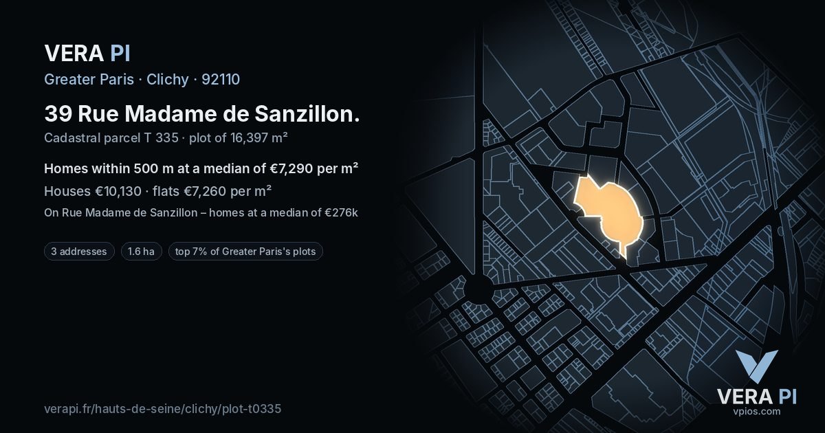 39 Rue Madame de Sanzillon, Clichy at night – the plot lit, the parcels around coloured by the prices near them