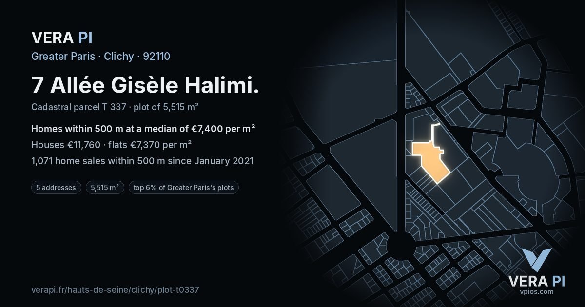 7 Allée Gisèle Halimi, Clichy at night – the plot lit, the parcels around coloured by the prices near them