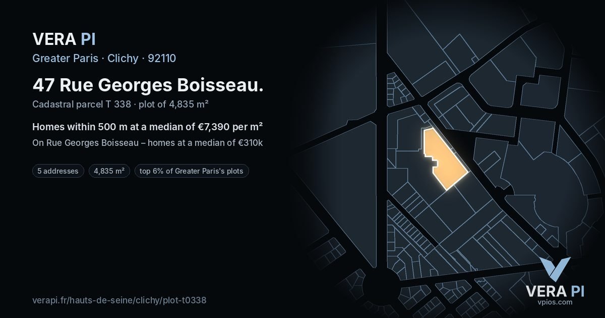 47 Rue Georges Boisseau, Clichy at night – the plot lit, the parcels around coloured by the prices near them