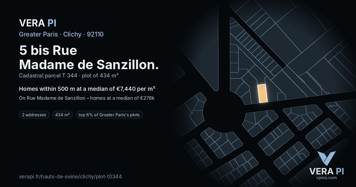 5 bis Rue Madame de Sanzillon, Clichy at night – the plot lit, the parcels around coloured by the prices near them