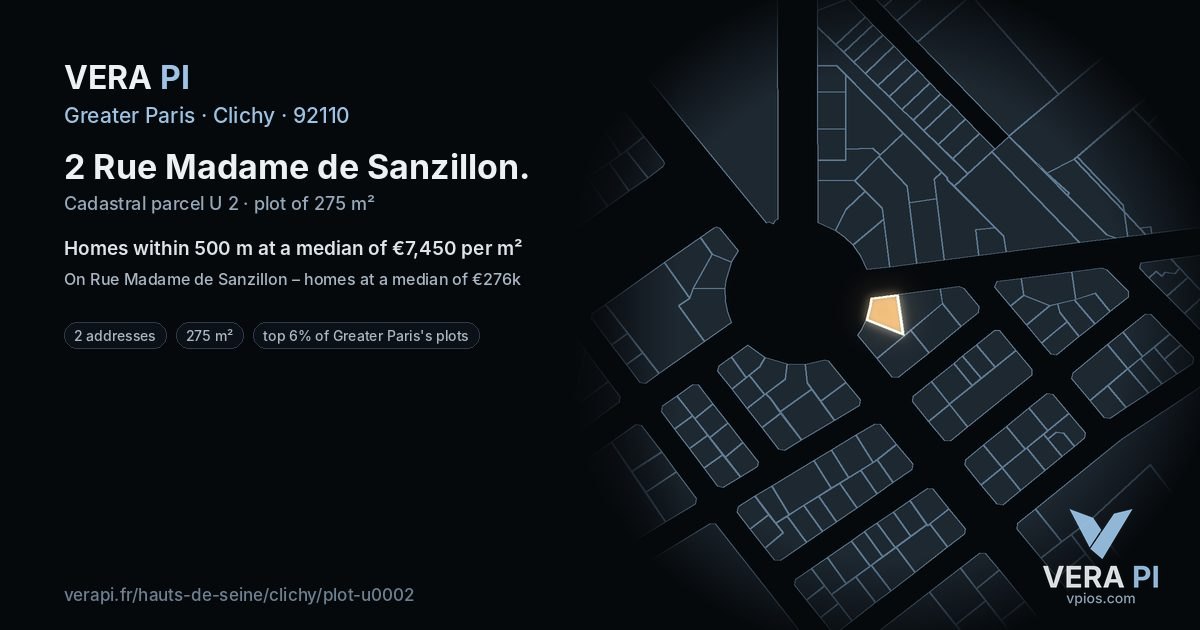 2 Rue Madame de Sanzillon, Clichy at night – the plot lit, the parcels around coloured by the prices near them