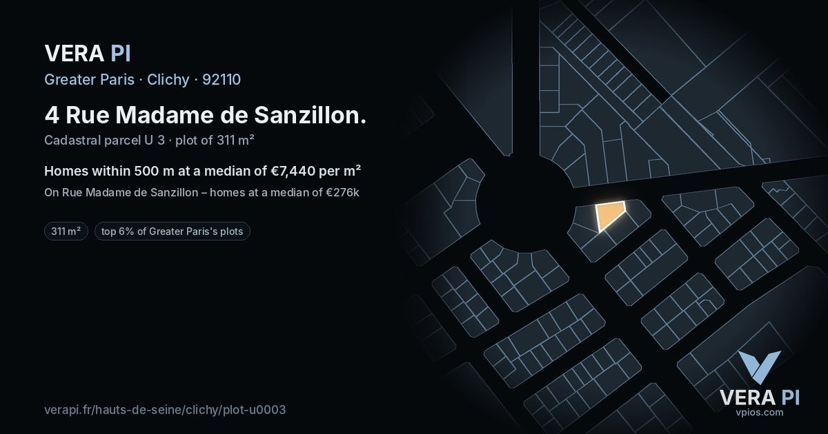 4 Rue Madame de Sanzillon, Clichy at night – the plot lit, the parcels around coloured by the prices near them