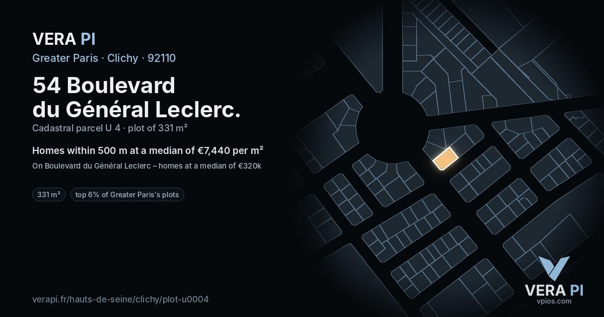 54 Boulevard du Général Leclerc, Clichy at night – the plot lit, the parcels around coloured by the prices near them