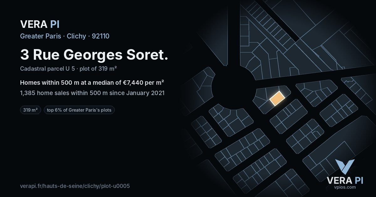 3 Rue Georges Soret, Clichy at night – the plot lit, the parcels around coloured by the prices near them