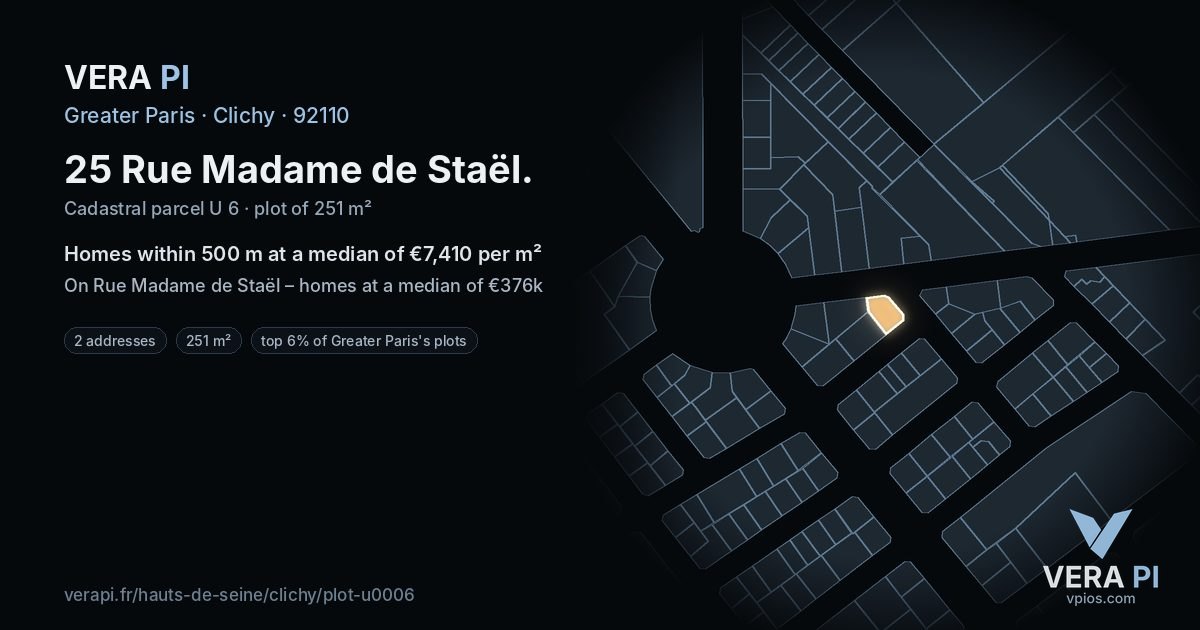 25 Rue Madame de Staël, Clichy at night – the plot lit, the parcels around coloured by the prices near them