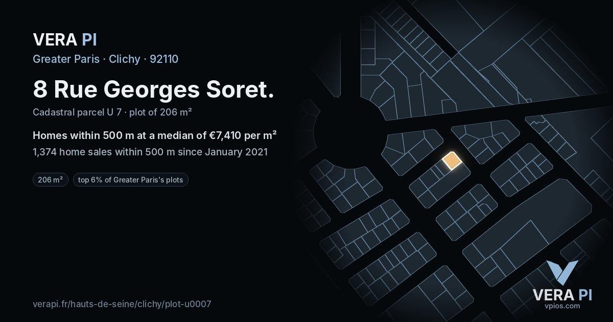 8 Rue Georges Soret, Clichy at night – the plot lit, the parcels around coloured by the prices near them
