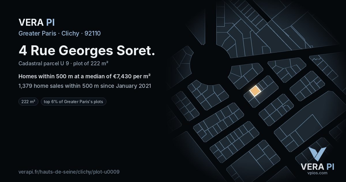 4 Rue Georges Soret, Clichy at night – the plot lit, the parcels around coloured by the prices near them