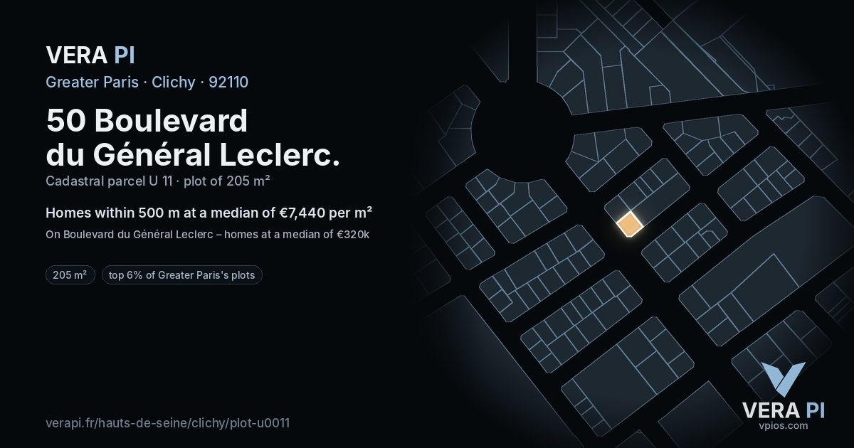 50 Boulevard du Général Leclerc, Clichy at night – the plot lit, the parcels around coloured by the prices near them