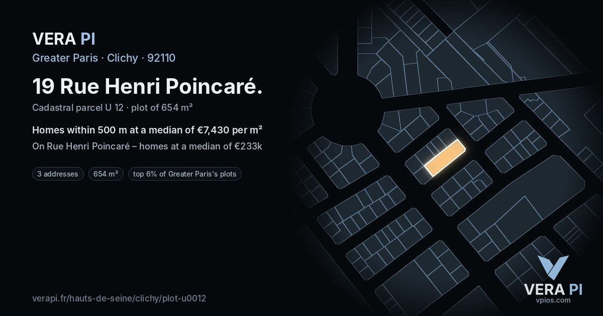 19 Rue Henri Poincaré, Clichy at night – the plot lit, the parcels around coloured by the prices near them