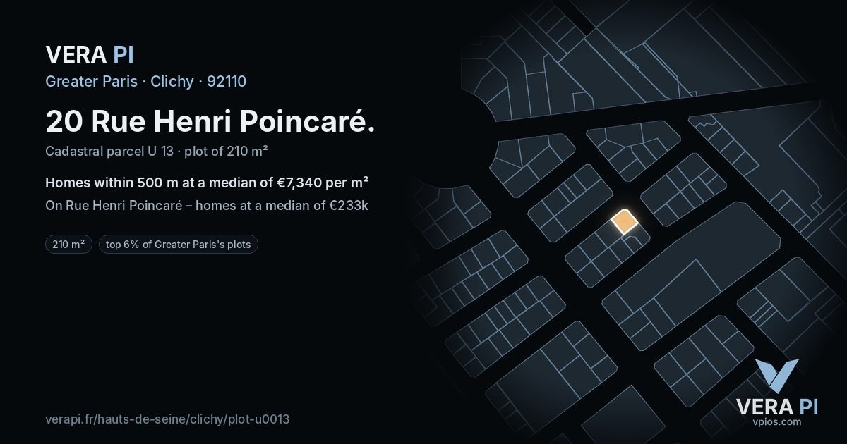 20 Rue Henri Poincaré, Clichy at night – the plot lit, the parcels around coloured by the prices near them