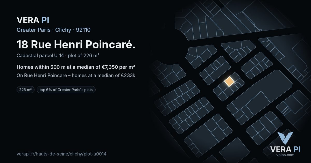 18 Rue Henri Poincaré, Clichy at night – the plot lit, the parcels around coloured by the prices near them