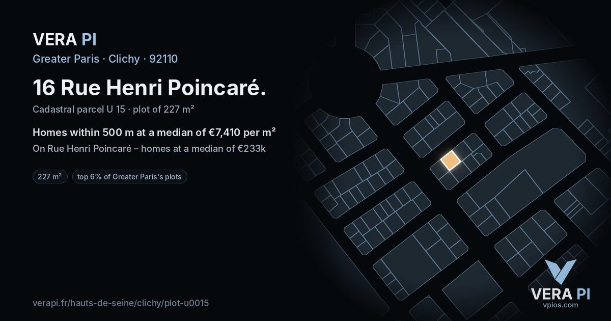 16 Rue Henri Poincaré, Clichy at night – the plot lit, the parcels around coloured by the prices near them