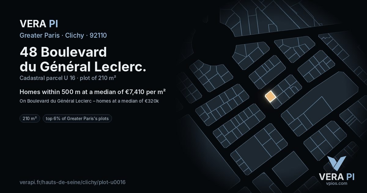 48 Boulevard du Général Leclerc, Clichy at night – the plot lit, the parcels around coloured by the prices near them