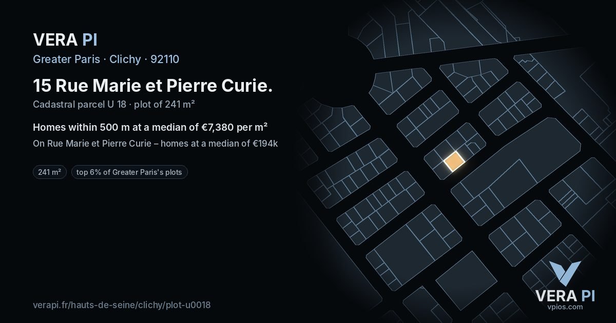 15 Rue Marie et Pierre Curie, Clichy at night – the plot lit, the parcels around coloured by the prices near them