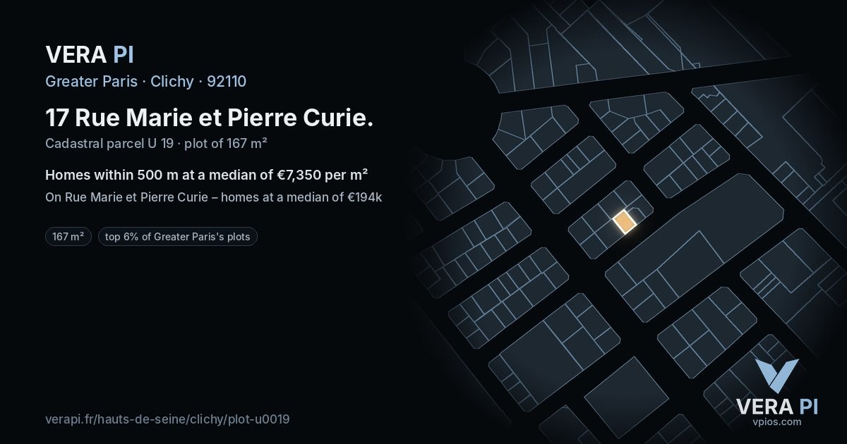 17 Rue Marie et Pierre Curie, Clichy at night – the plot lit, the parcels around coloured by the prices near them